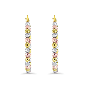 Solid 14K Tri Color Gold 3mm Thickness Beaded Hoop Earrings(30mm Diameter)